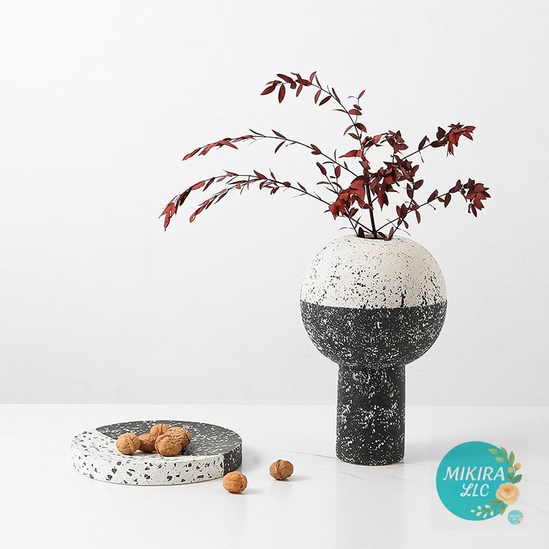 新中式モダンスタイル黑白肌理圆球セラミック花瓶リビング用插干