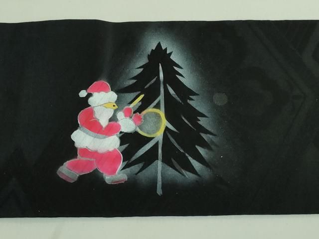 平和屋着物□極上 九寸名古屋帯 サンタクロース クリスマス 天使 黒地  