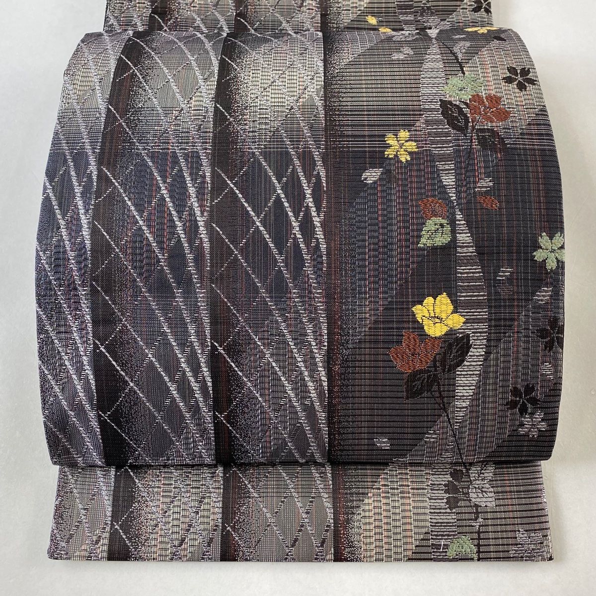 袋帯 美品 名品 やまと 柿渋染 枝花 桜 灰紫 全通 正絹 【中古 袋帯 美品 名品 やまと 柿渋染 枝花 桜 灰紫 全通 正絹 【中古