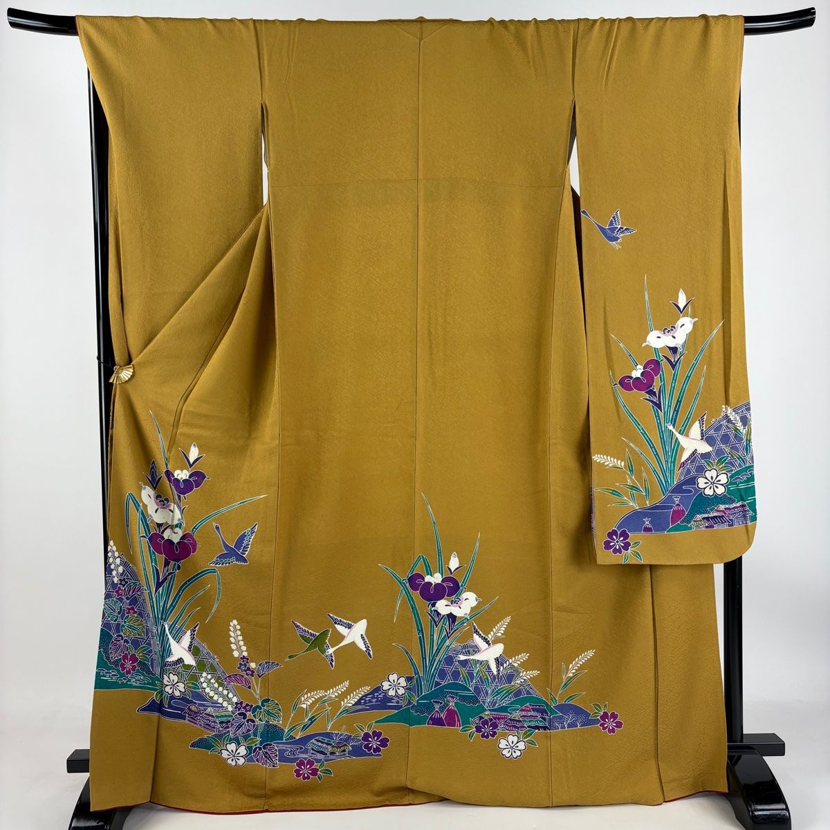 振袖 身丈169.5cm 裄丈67cm M 袷 鳥 菖蒲 山吹茶色 正絹 秀品