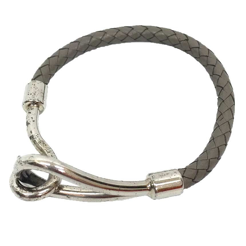 HERMES エルメス ジャンボブレスレット 編み込みレザー トレッセ グレー シルバー金具 aq11741