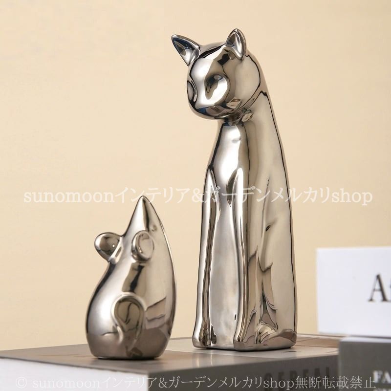 猫 ネズミ オブジェ 2点セット 置物 オーナメント 抽象的 シンプル おしゃれ かわいい インテリア 動物 アニマル 白 シルバー