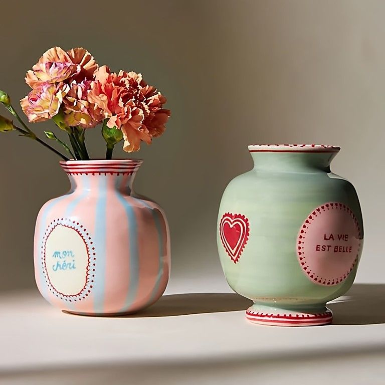 未使用・新品 手作り陶器 花瓶 白茶ストライプ 未使用・新品 手作り