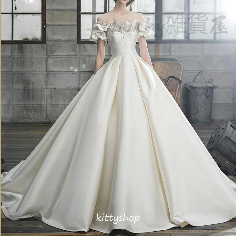  ウェディングドレス サテン ドレス 感 結婚式ドレス 二次会ドレス 花嫁ドレス Aライン ロングドレス 袖あり 白 海 パーティードレス ドレス ブライダル