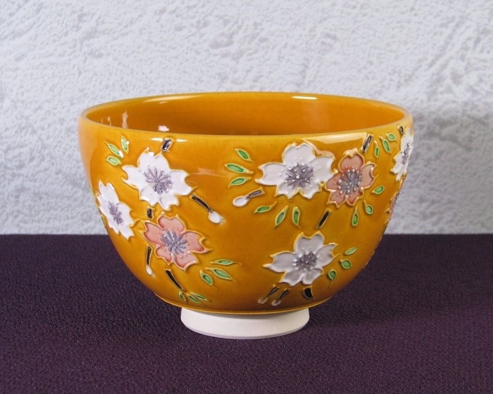 谷口菁嵐作 古代黄交趾桜茶碗 幅 12cm 共箱 共布 栞付 茶道具 25J036