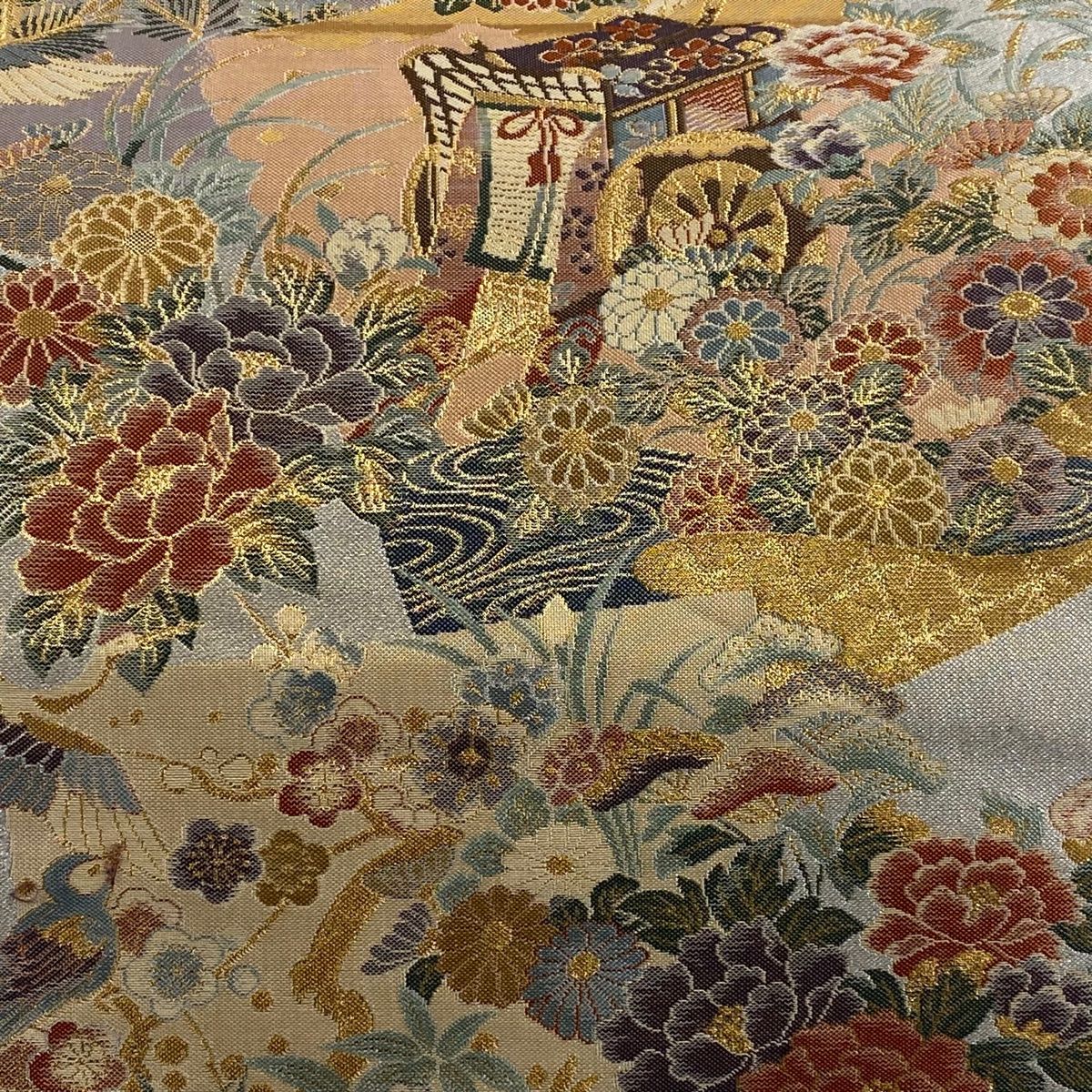 袋帯 秀品 色紙取花車文 金銀糸 灰色 六通 正絹