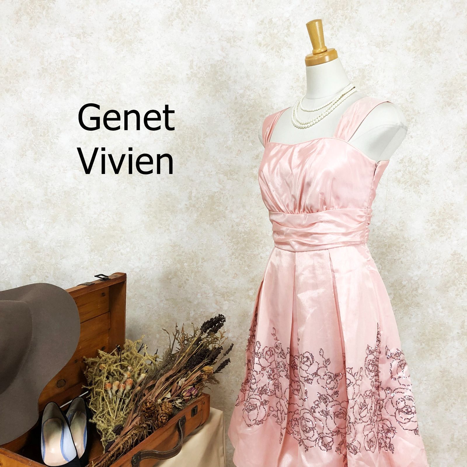 ジュネビビアン ドレス サイズ9 ピンク ラメ ひざ丈 日本製 花 オーガンジー