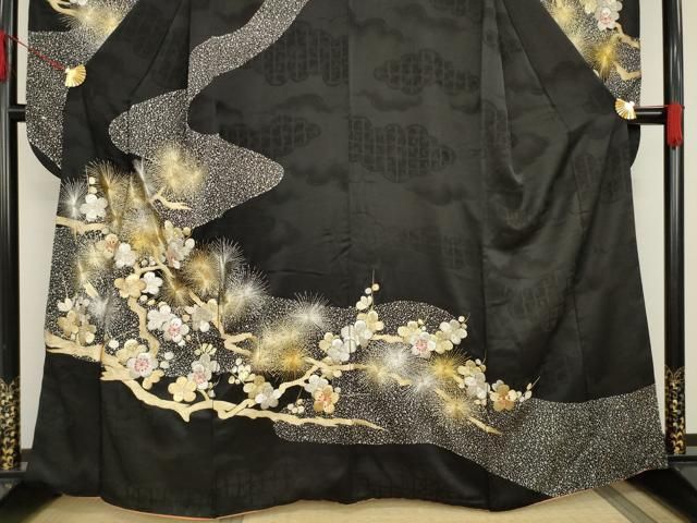 平和屋着物○豪華振袖 総刺繍 枝梅 黒地 金銀糸 正絹 逸品 AAAT2276ck