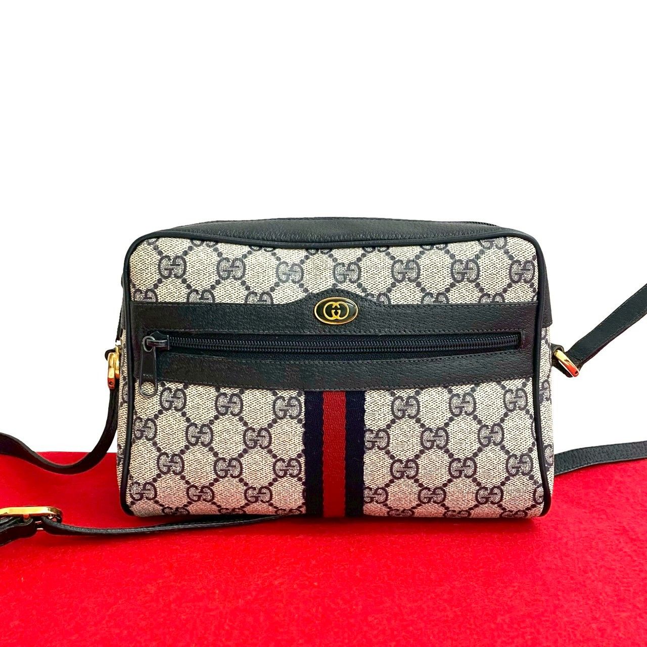GUCCI グッチ オールドグッチ ヴィンテージ シェリーライン GG ロゴ 金具 レザー ショルダーバッグ ポシェット ネイビー 34542