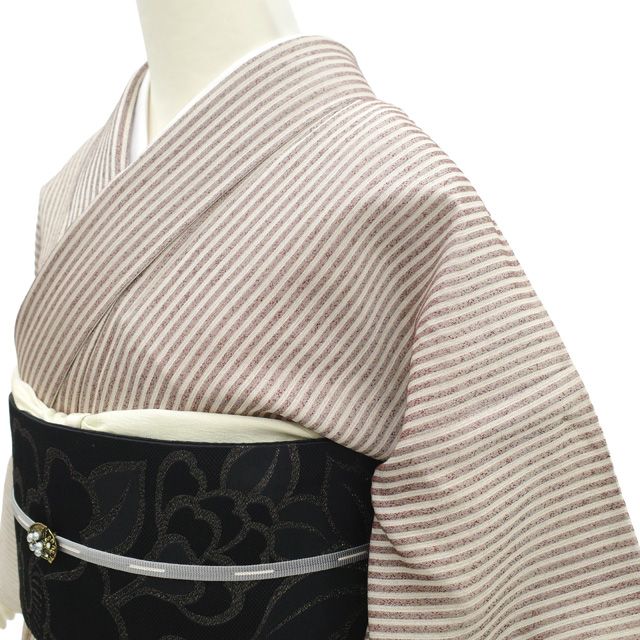 中古】 御召 単衣 着物 リサイクル 正絹 お召 春 秋 先染め 茶色