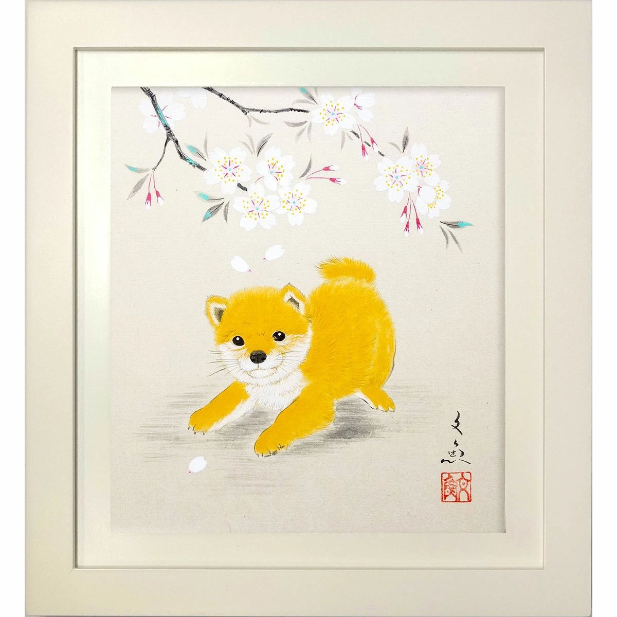 色紙額 中谷文魚 桜に豆柴 日本画 真筆 額入り 肉筆画 手描き 動物画 風水開運画 額装色紙 かわいい 柴犬 戌年 春の風景 YS308