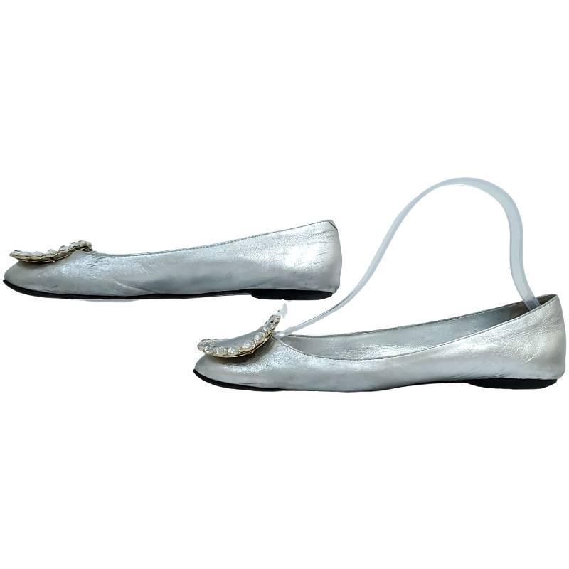 ロジェヴィヴィエ☆シルバーフラットシューズ351/2未使用 ロジュヴィヴィエ フラット バレエ ビジュー 金具 シルバー 本革