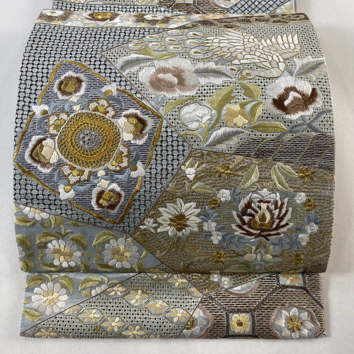 袋帯 レース 花鳥 華文 金銀糸 刺繍 銀色 六通 正絹