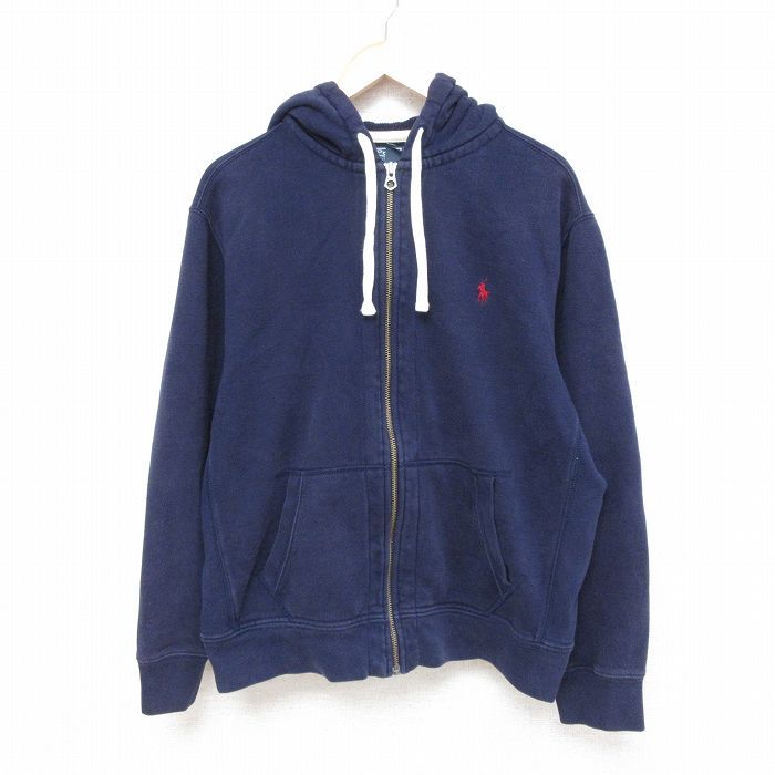 XL/古着 ラルフローレン Ralph Lauren 長袖 ブランド フルジップ スウェット パーカー メンズ 90s ワンポイントロゴ 紺 ネイビー フード内