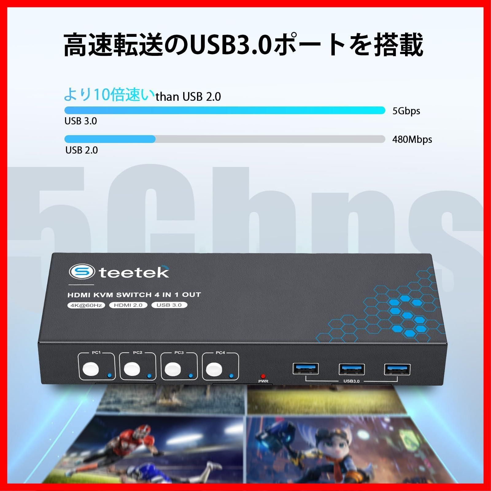 迅速発送】4K KVMスイッチ HDMI、フルUSB3.0ポート、4台のPC