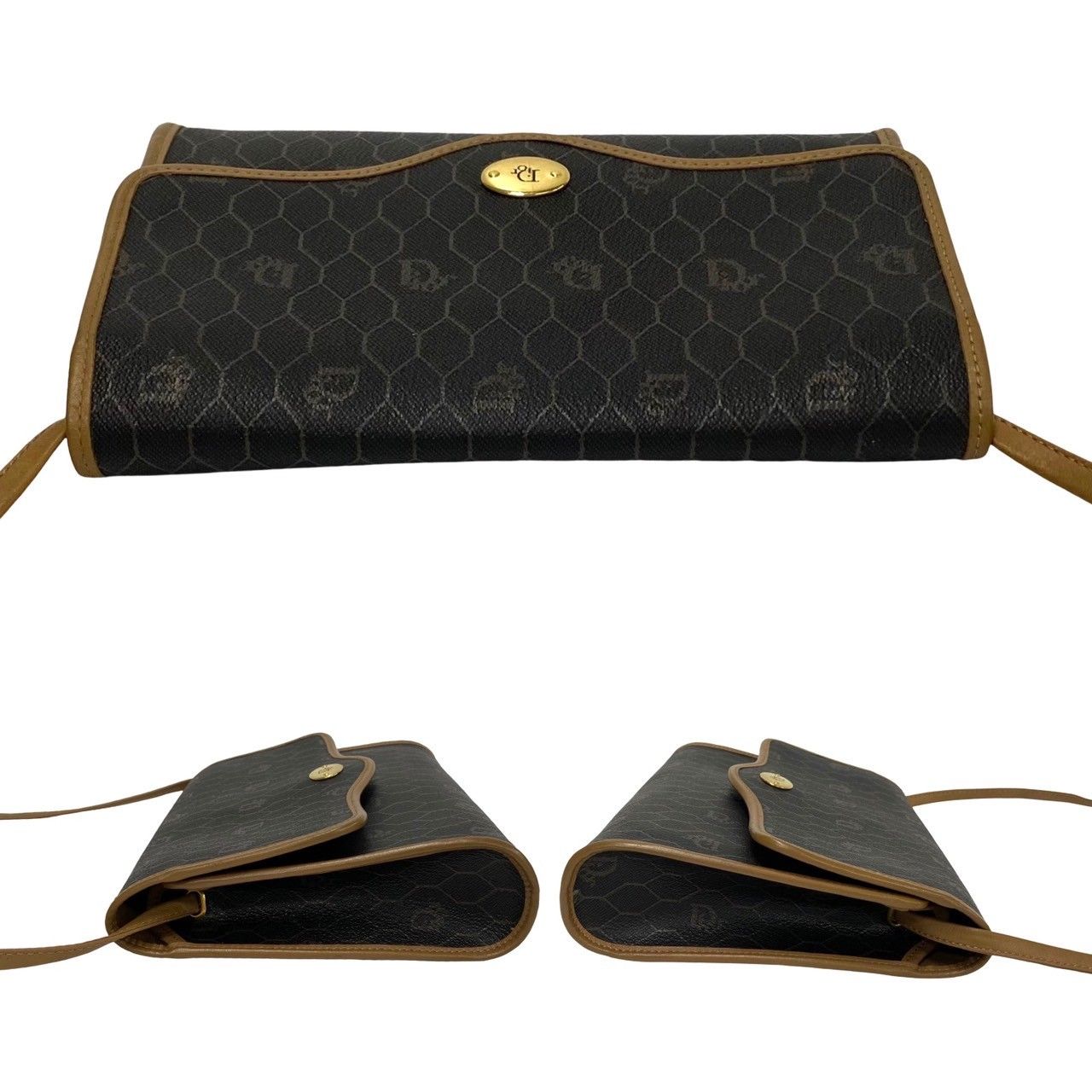 極 美品 Christian Dior ディオール ヴィンテージ ハニカム 柄 ロゴ 金具 レザー ショルダーバッグ ポシェット サコッシュ ブラック 331-9 極 美品 Christian Dior ディオール ヴィンテージ ハニカム 柄 ロゴ