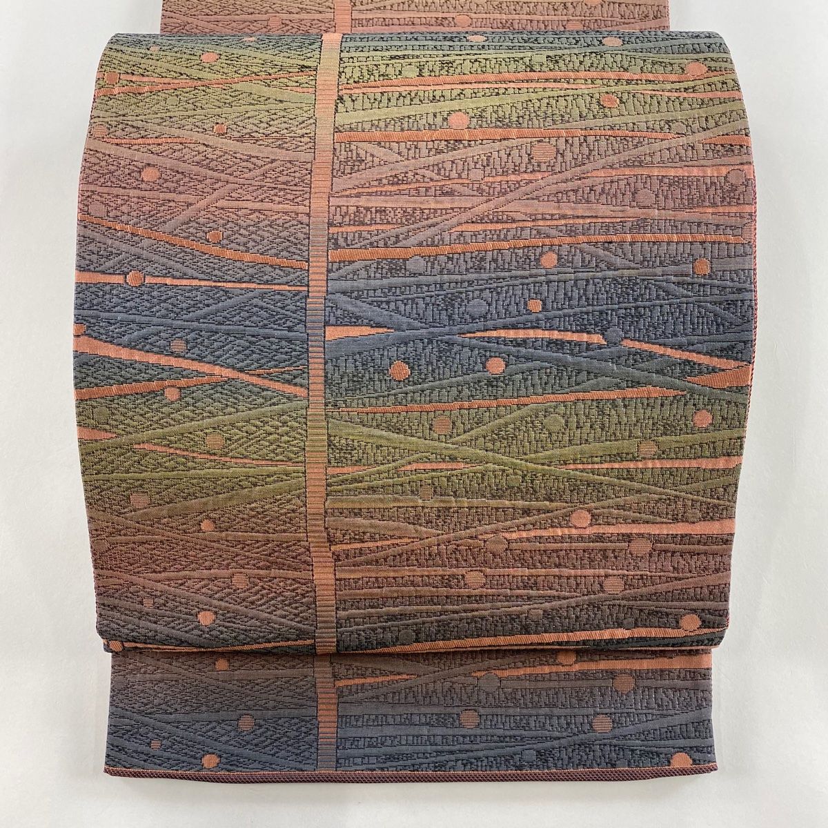 袋帯 秀品 幾何学模様 霰 ぼかし 赤茶 六通 正絹