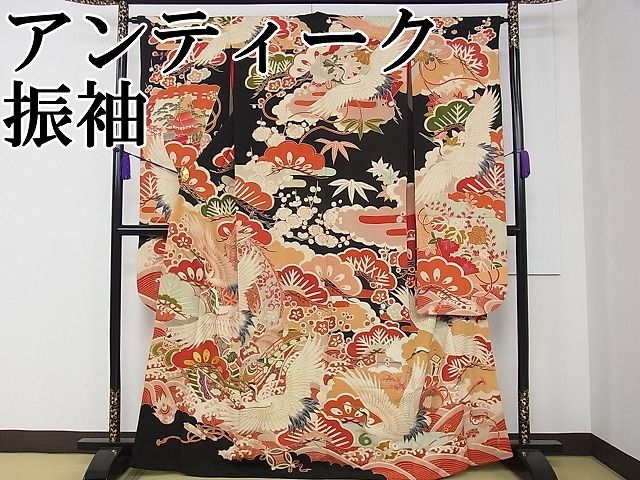 平和屋本店■極上　アンティーク　大正ロマン　振袖　駒刺繍　飛鶴宝船松竹梅　黒地　金彩　逸品　CZAA0672s4 平和屋本店□極上 アンティーク 大正ロマン 振袖 駒刺繍 飛鶴宝船