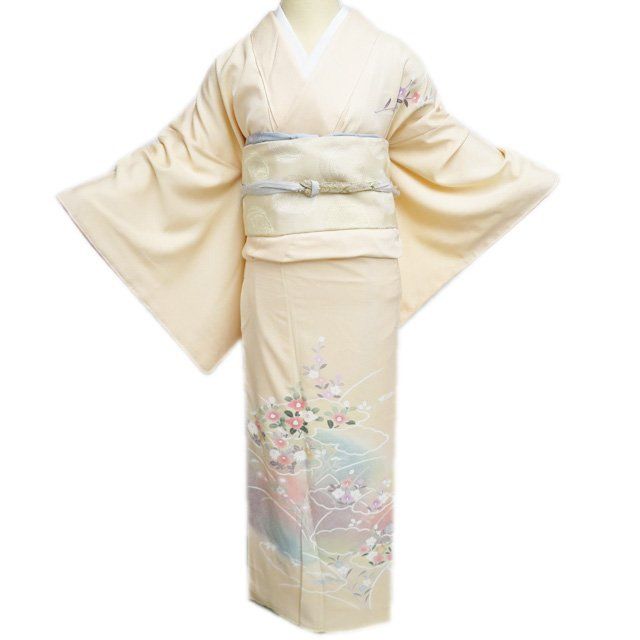 訪問着 着物 正絹 袷 フォーマル 花の図 薄橙色 多色 身丈170cm 裄68.5cm L トール きもの北條 A1280-8
