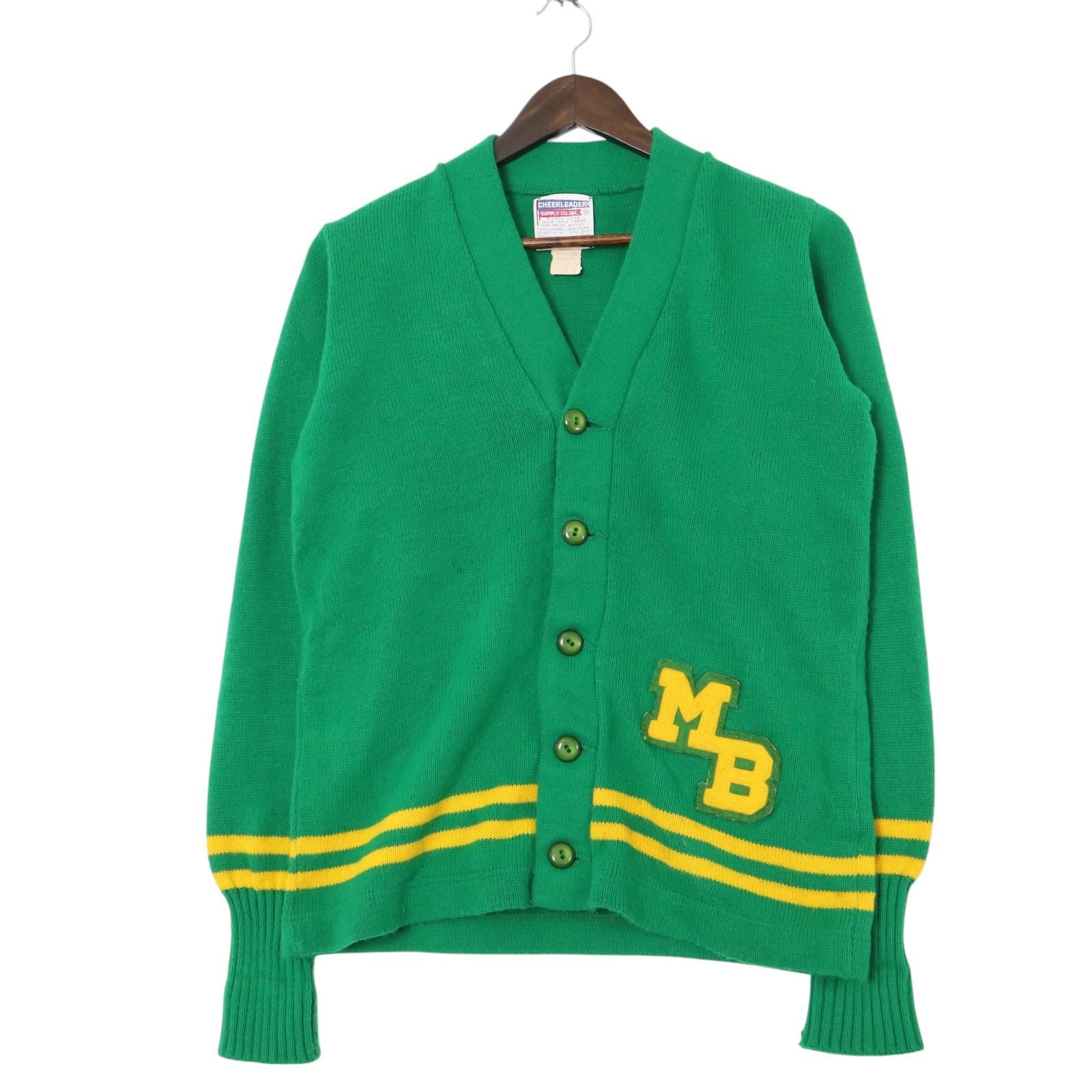 70年代 CHEERLEEADER レタードニット カーディガン カレッジ グリーン (メンズ 36) 中古 古着 A4044