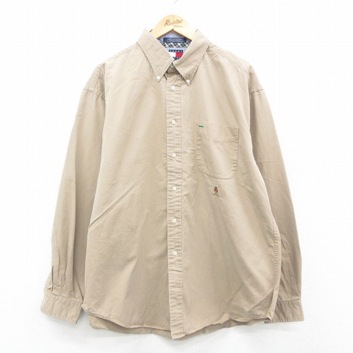 XL/古着 トミーヒルフィガー 長袖 ブランド シャツ メンズ 90s ワンポイントロゴ 大きいサイズ ロング丈 コットン ボタンダウン ベージュ 