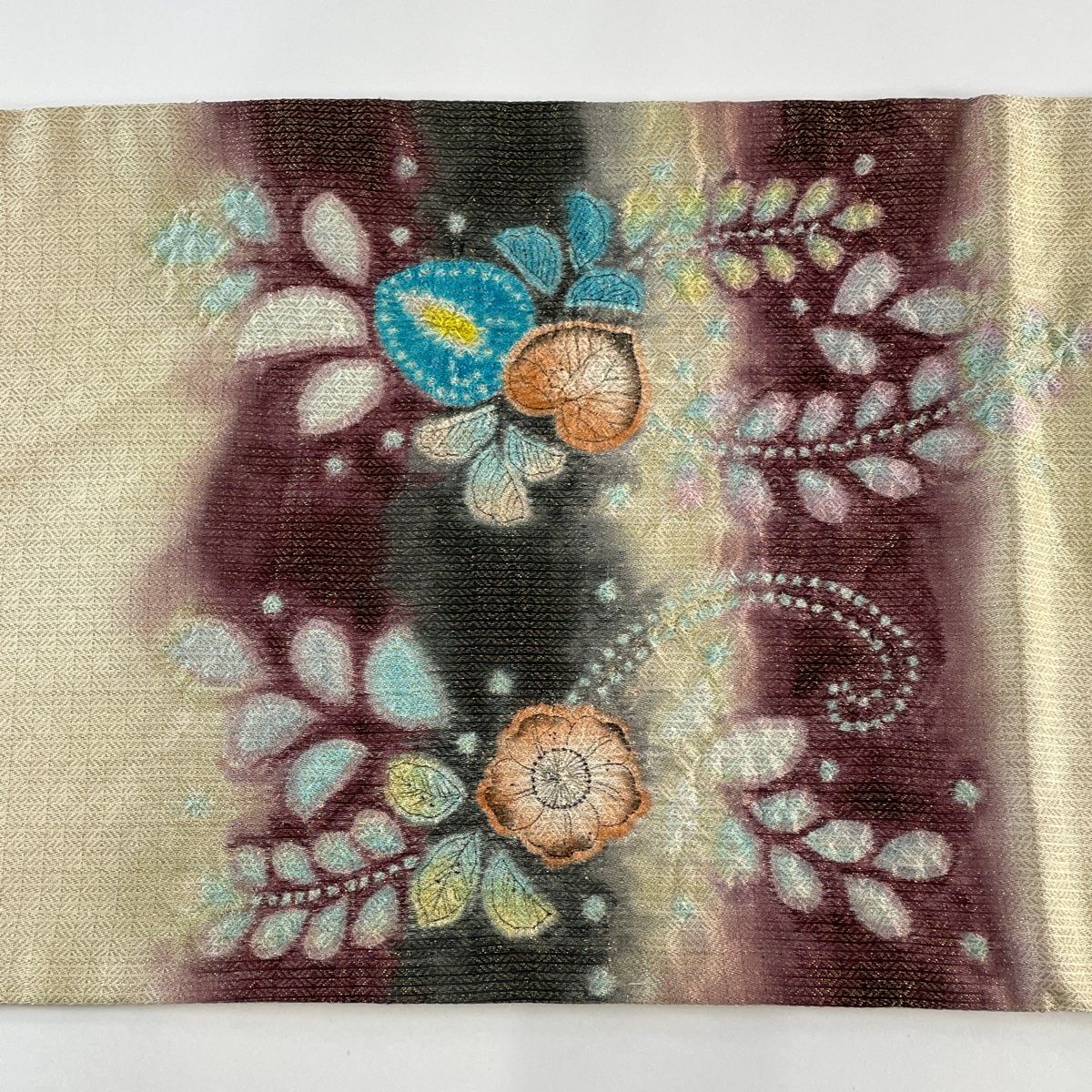 花柄ベトナム刺繍 ベージュ系 袋帯 袋帯 名品 関西仕立て 鳳凰 草花 金銀彩 刺繍 ベージュ お太鼓柄
