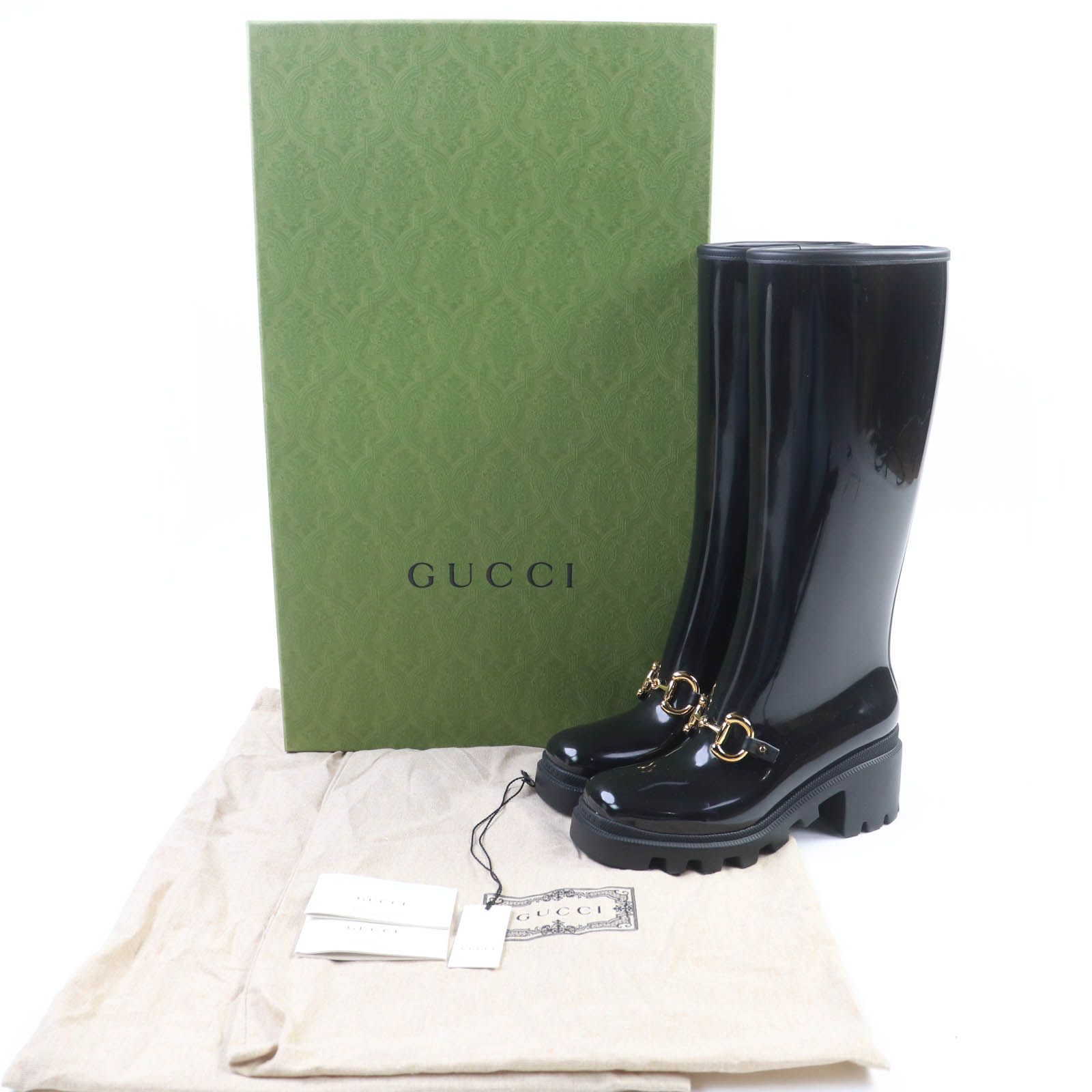 GUCCI グッチ 659707 ホースビット ラバー ロングブーツ レインシューズ ブラック ゴールド金具 36 イタリア製 レディース