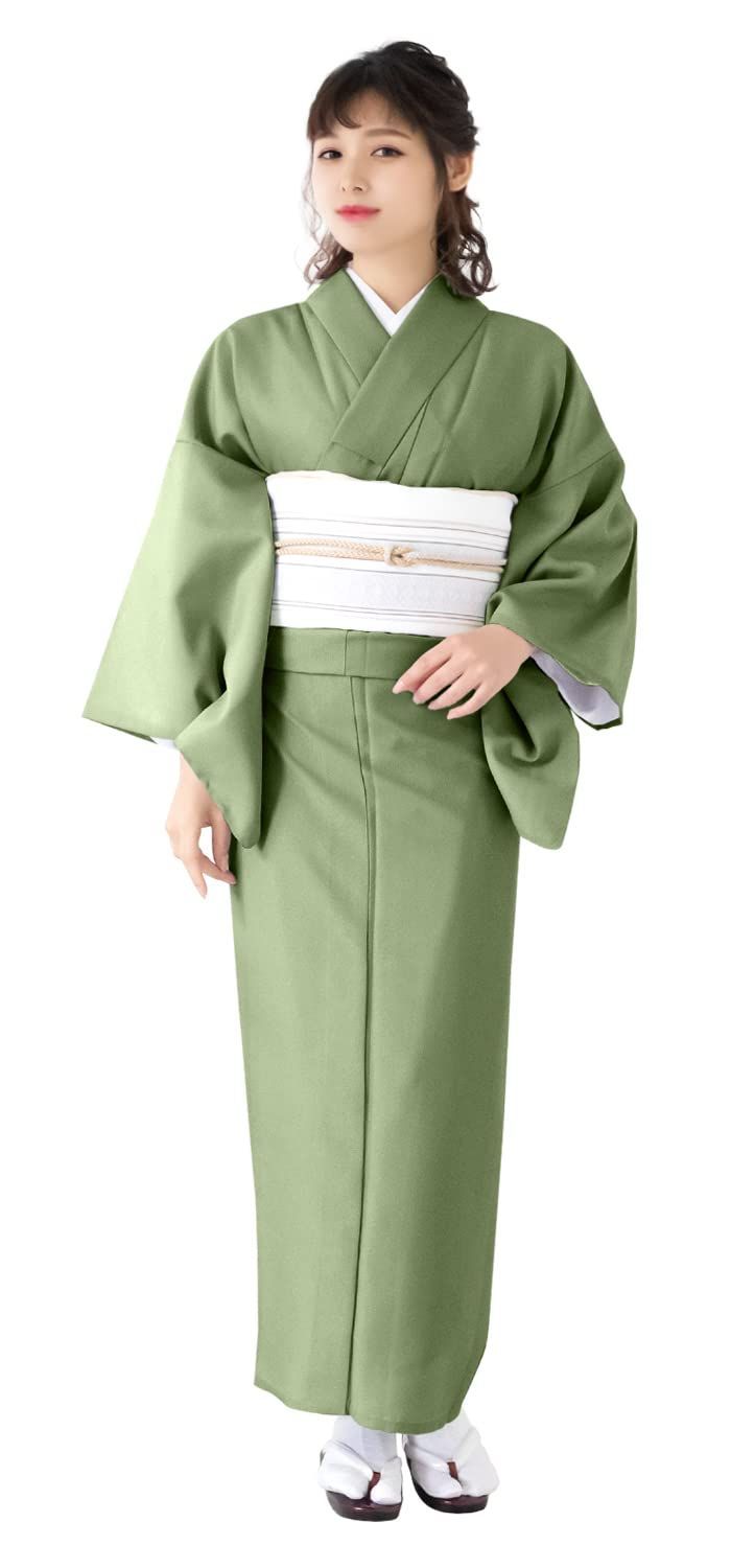 L_抹茶 KYOETSU キョウエツ 着物 洗える 単衣 色無地 ちりめん生地 レディース L 抹茶