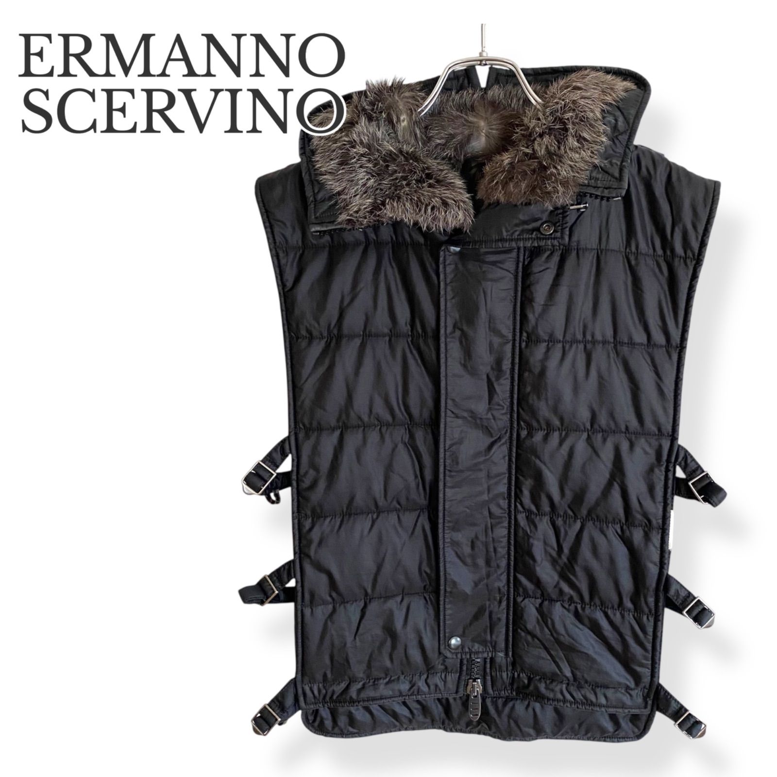 ERMANNO SCERVINO エルマンノシェルビーノ ブラック ダウンベスト ナイロン リアルファー付きフード イタリア製 48 Lサイズ相当 レディース ラグジュアリー 秋冬 737KZ