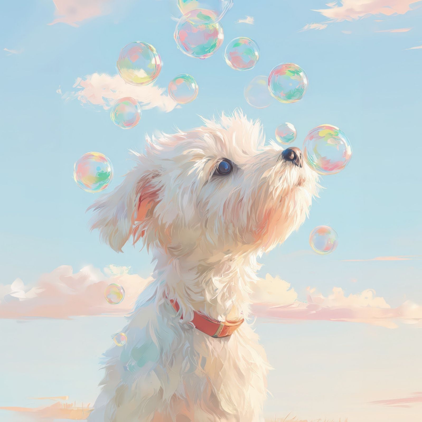 名入れOK 犬とシャボン玉 - マルチーズ犬 No.2 アートポスター うちの子記念日 ペットロス 北欧 ナチュラル
