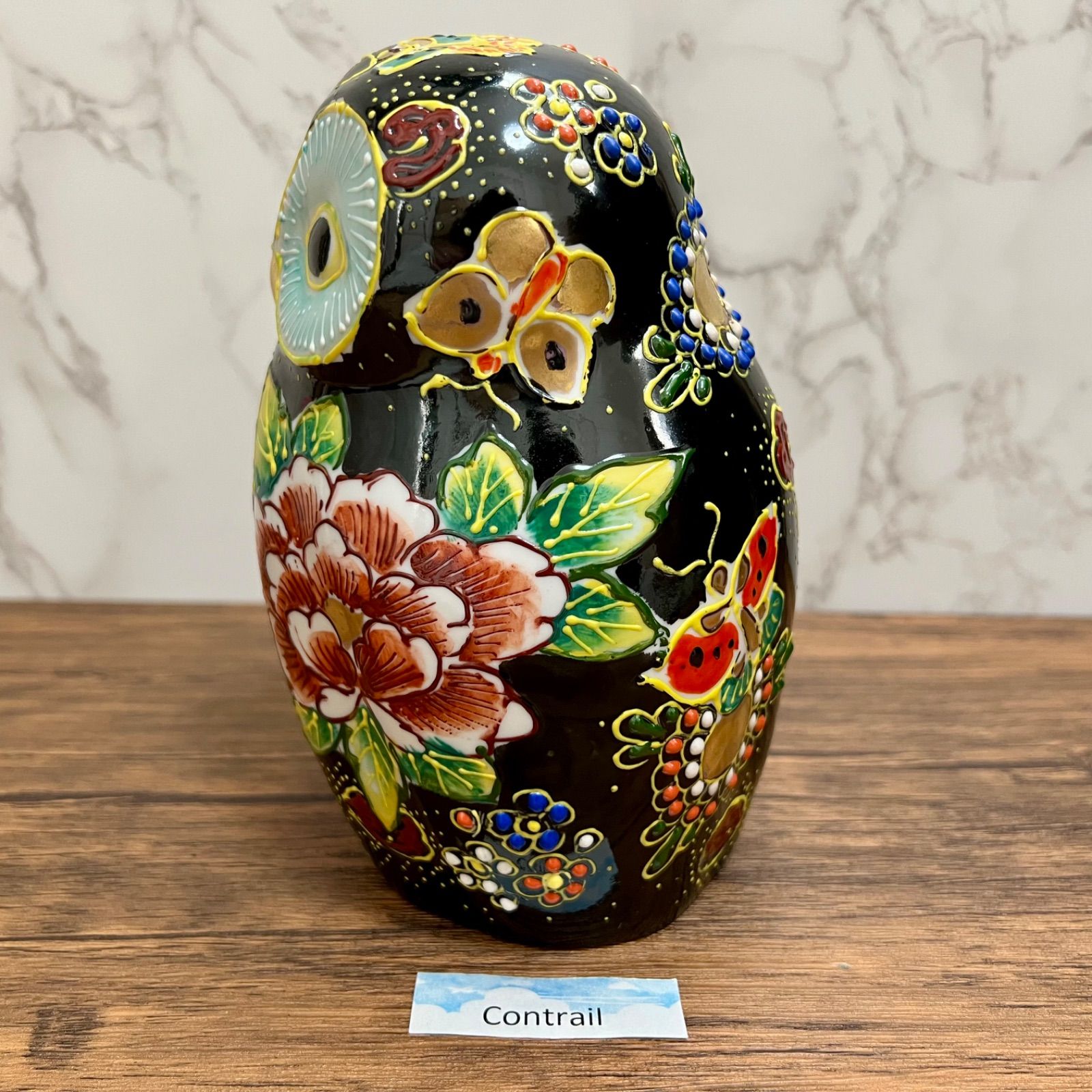 九谷焼】6号 ふくろう 牡丹 フクロウ 梟 置物 Kutani Ware Owl Lucky 