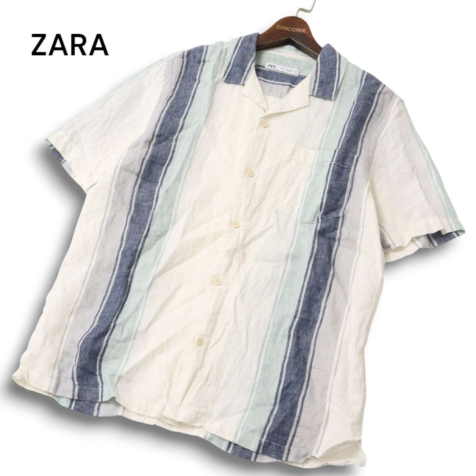 送関込み★ZARA/ザラ★スローガン 半袖ストライプテキストシャツ ZARA（ザラ）の「ストライプ刺繍半袖シャツ 刺繍ブラウス 半袖