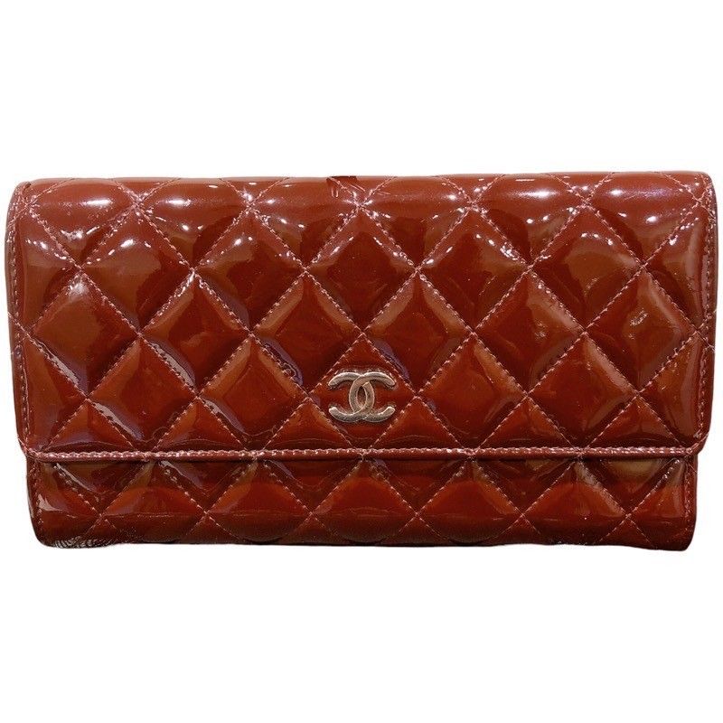 シャネル CHANEL マトラッセ 三つ折り長財布 ブラウン/SV金具 エナメル