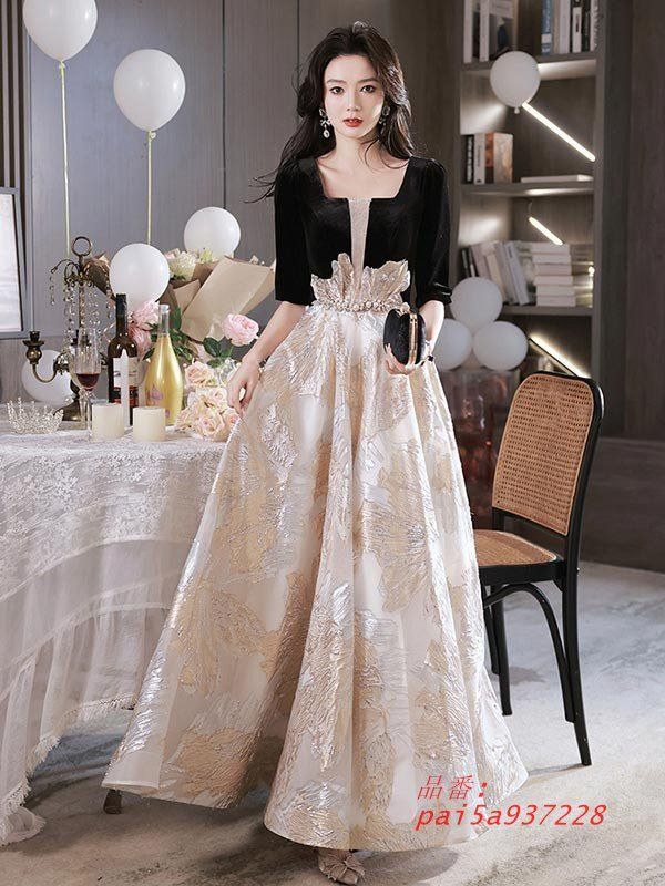 ロングドレス 黒 ブラック 演奏会 ピアノ 発表会 フェミニン 5分袖付き 母親 袖あり 結婚式 大人 エレガント大きいサイズ ファスナー 5L pai5a937228