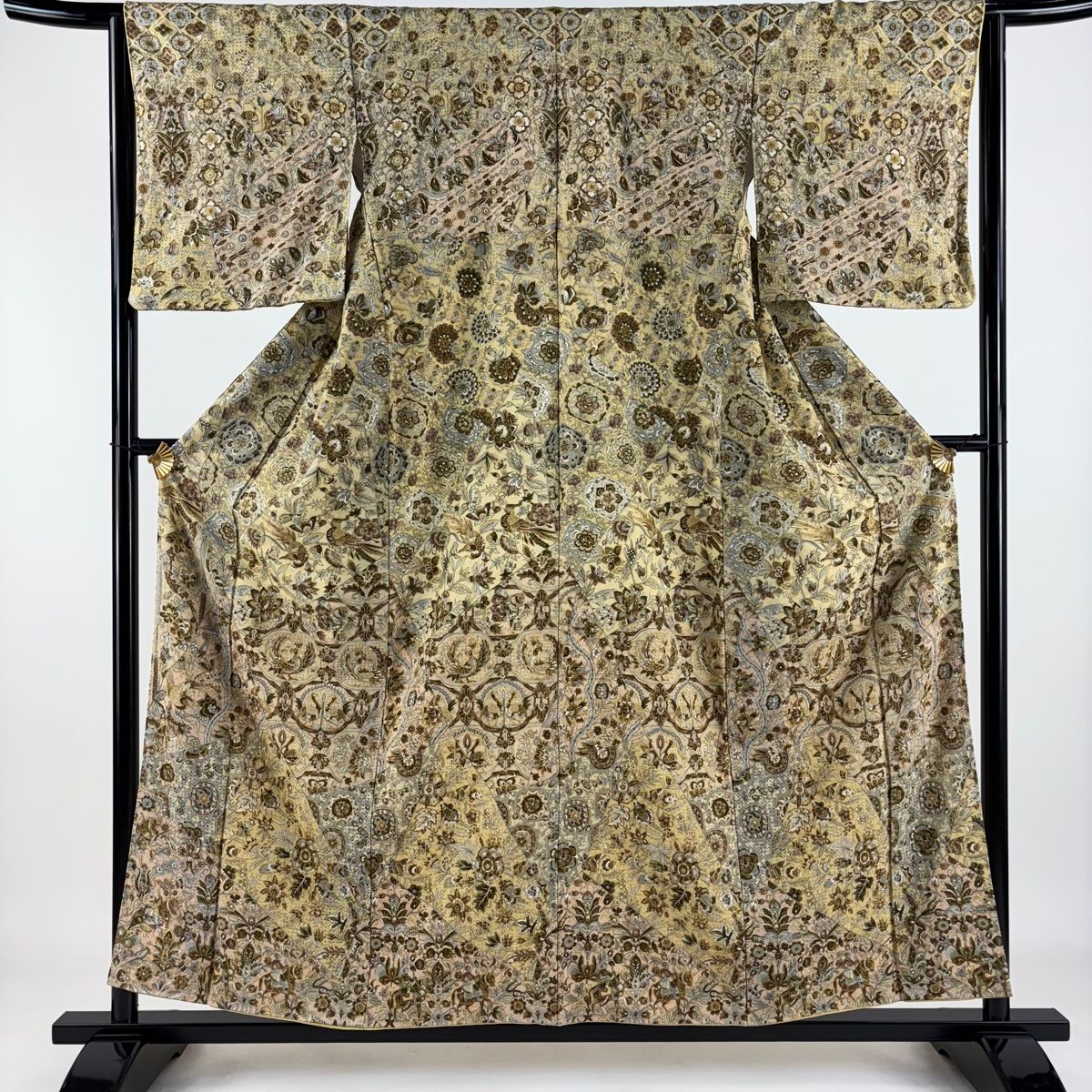 訪問着 身丈156.5cm 裄丈64.5cm M 袷 花鳥 人物 刺繍 金糸 ベージュ 正絹