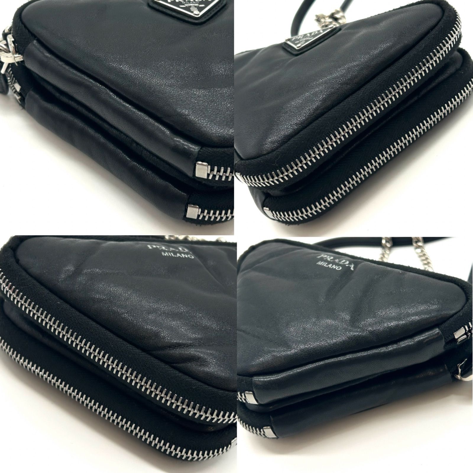 【美品】PRADA トライアングル チェーンショルダーポーチ レザー 黒 PRADA プラダ ショルダーバッグ ミニ レザー トライアングル