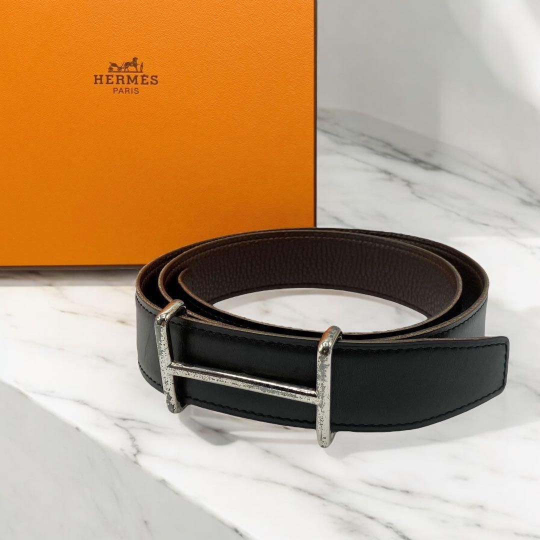 良品✨ エルメス Hダンクル 80 Hロゴ ベルト ブラック 良品】エルメス メンズ レザー ベルト ブラック/オレンジ リバーシブル