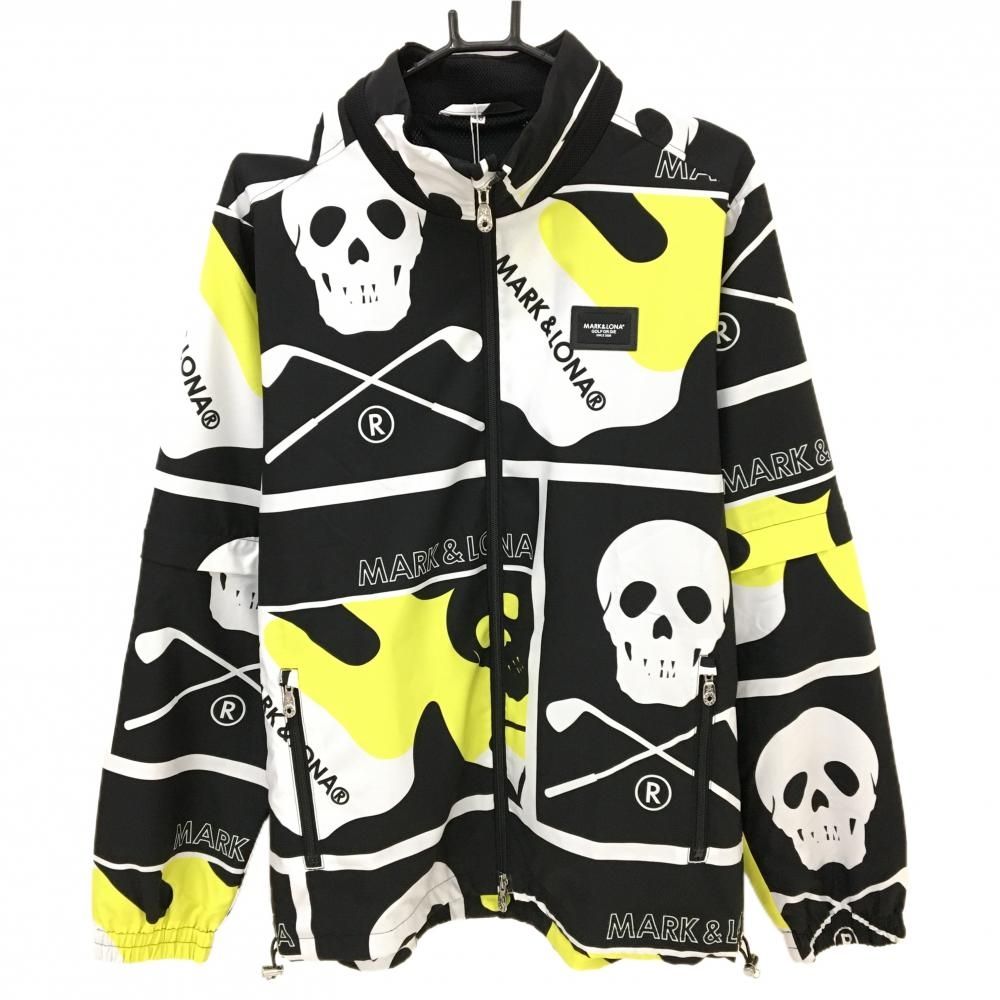 マークアンドロナ 2WAYジャケット 黒×白×イエロー スカル 総柄 メンズ 48 L ゴルフウェア 2025年モデル MARK＆LONA