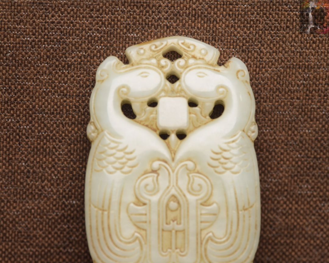 旧家蔵出し 和田玉細密彫 高古件 透空彫 雙鳳紋 玉牌 根付 置物 賞物