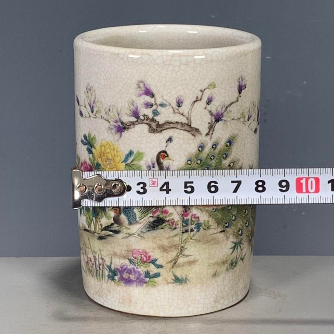 中国　光緒年製銘　粉彩花鳥筆筒　木箱入　工芸品 清代光緒粉彩開片花鳥筆筒 筆置 筆入 書道具 文房具 現代工芸品