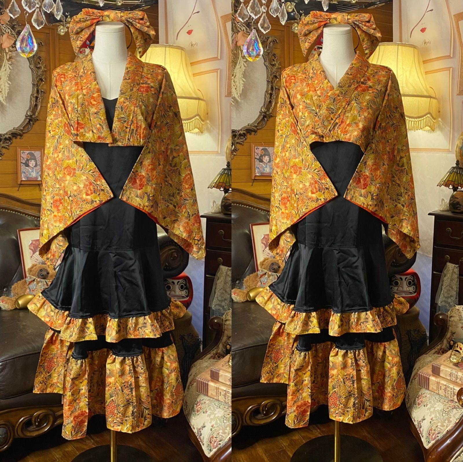 着物 ハンドメイド ワンピース パーティー ドレス 和洋折衷 コラージュ リメイク 切り替え 琥珀の秋花×黒ティアード 艶やかに舞う O-71