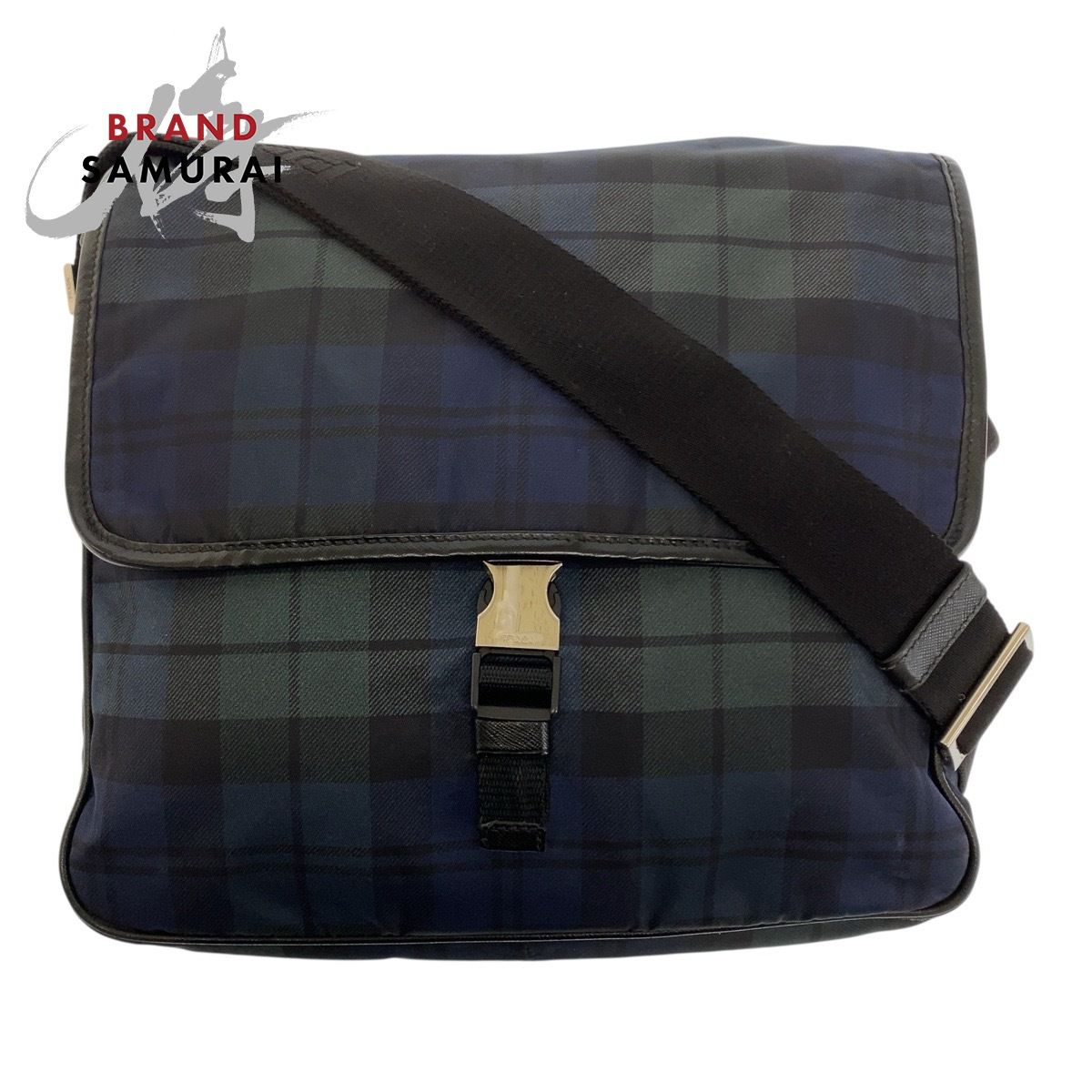 PRADA プラダ テスート 三角ロゴプレート チェック柄 緑 青 黒 シルバー金具 ナイロン ショルダーバッグ メンズ 505201