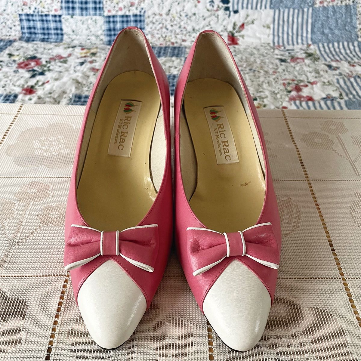 70s ピンク×ホワイト リボン ヒール パンプス 23.5cm 昭和レトロ