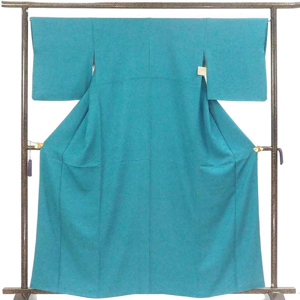 色無地 身丈162cm 裄67cm 前幅24cm 後幅29cm 袖丈49cm 袖幅34cm レディース 袷 無地 裄長 裄Lサイズ 秋冬春用 正絹 シルク グリーン リメイク リユース リサイクル 呉服のきくや