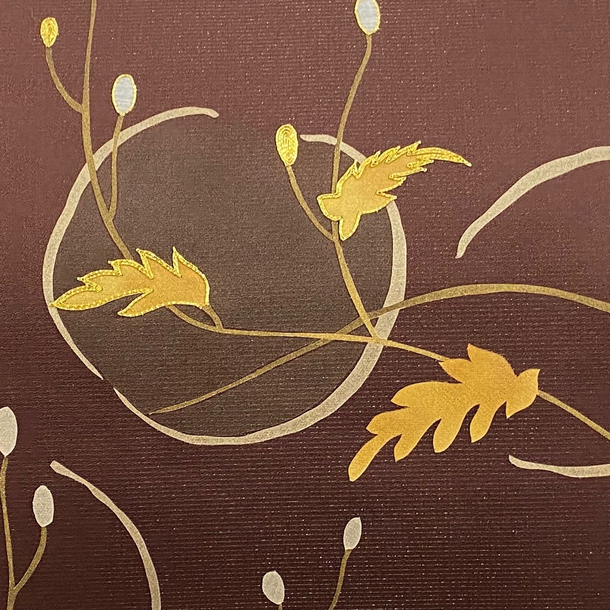 袋帯 秀品 葉柄 み 金糸 金彩 茶紫 お太鼓柄 正絹