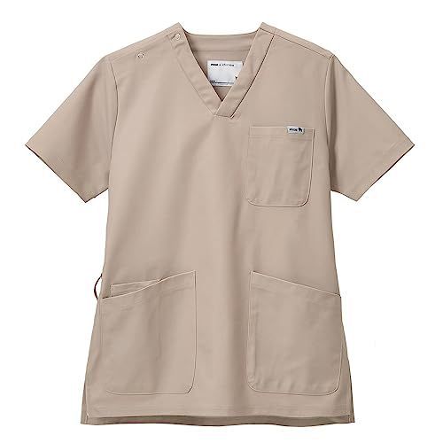 グレージュ_3L [アンファミエ] moz ロゴ付き スクラブ なめらか ストレッチ 肩スナップ 男女兼用 形態安定 看護 介護 グレージュ ３Ｌ