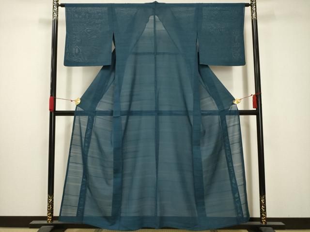 平和屋着物 夏物 色無地 絽 横段紋紗 藍色 正絹 AABA5792sx