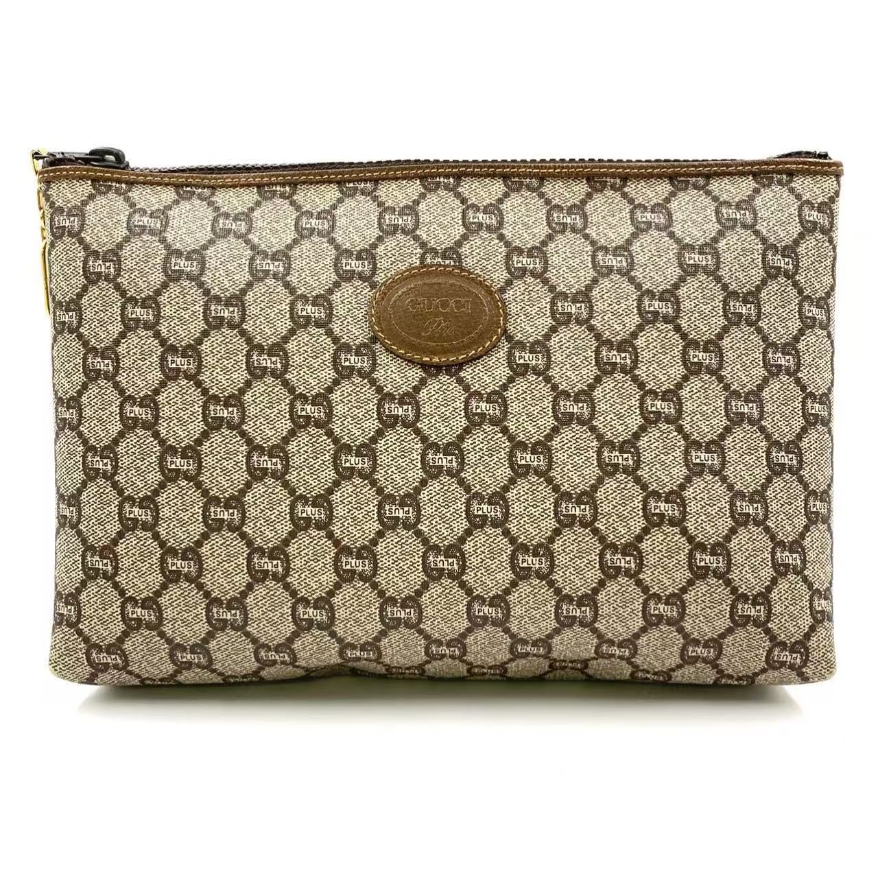 GUCCI GG PLUS グッチ レザー×PVC ブラウン×ベージュ ポーチ ゴールド