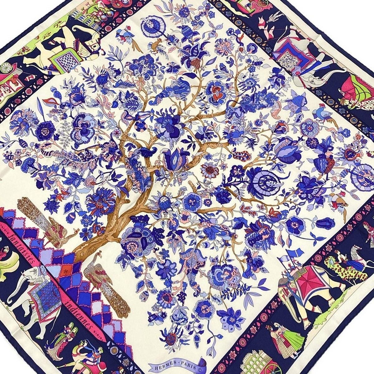 HERMES(エルメス) スカーフ カレ90 ネイビー×アイボリー×マルチ  