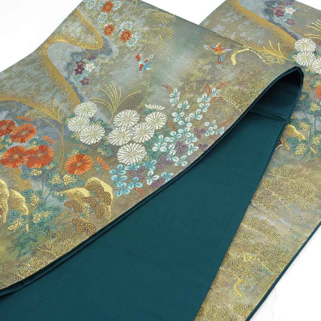 袋帯 美品 秀品 孔雀 草花 金彩 箔 鶯色 お太鼓柄 正絹 【中古